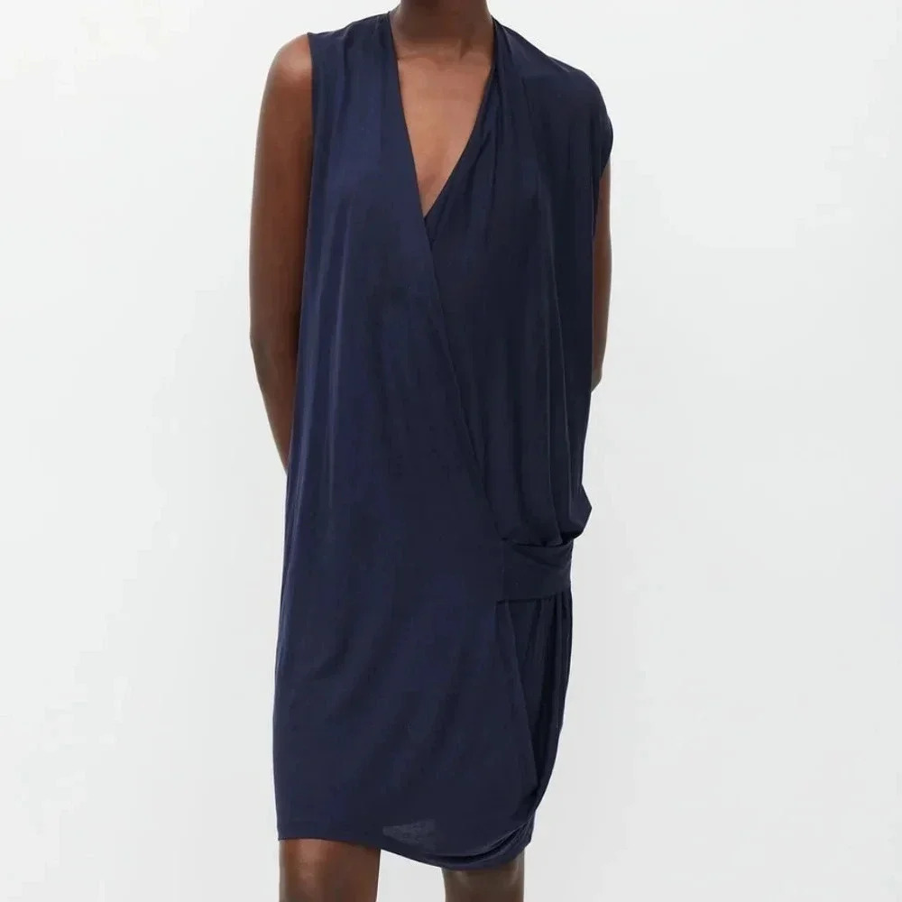 Acne Studios Women's Natifa Boho Draped Hippie Casual Mini Navy Dress Size XXS.